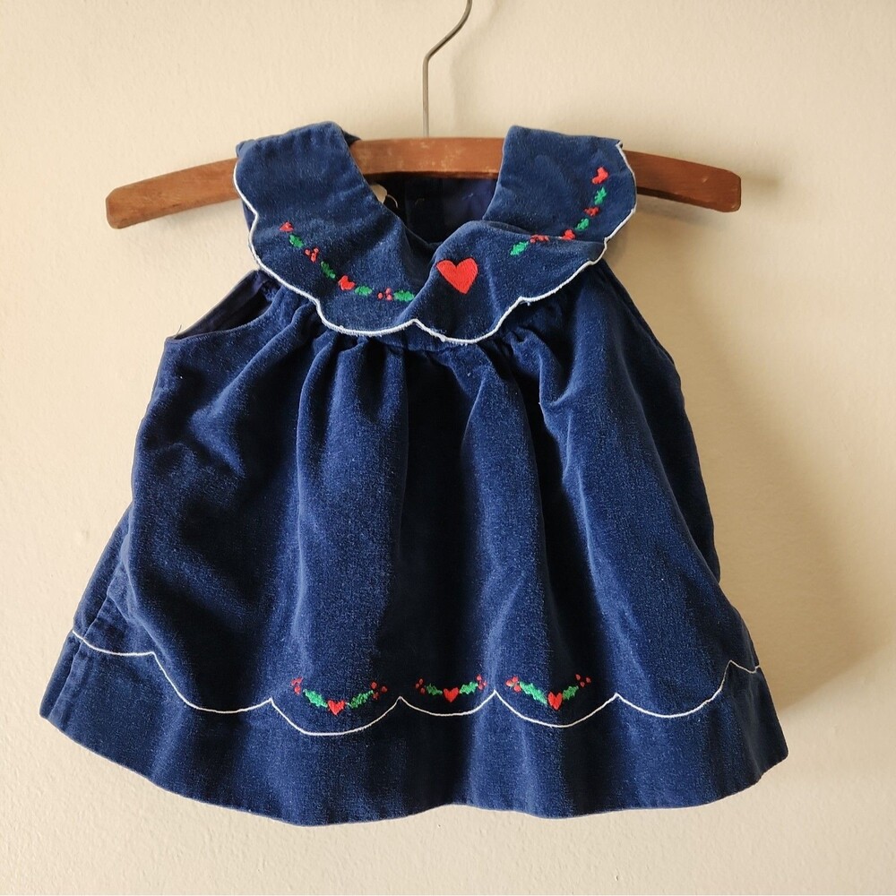 VTG 1980s Mayfair NavyBlue Velvet Baby Dress Embroidered Scalloped Collar 6/9mos